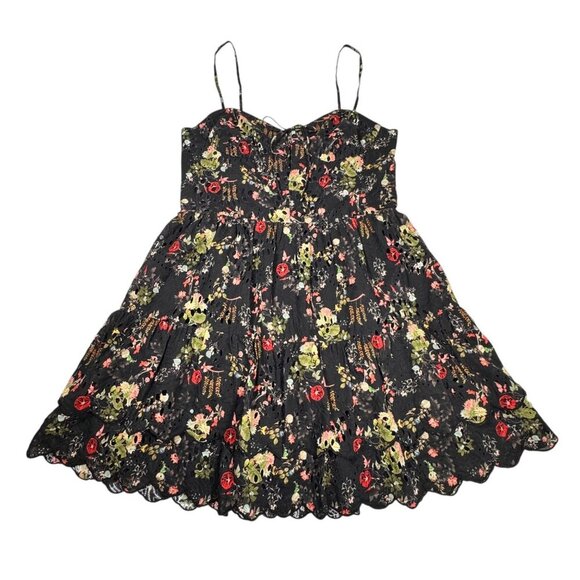 ALICE + OLIVIA Daisy Tiered Mini Dress Sz.10 Dark Floral Black Eyelet Tie-Front - Picture 12 of 16